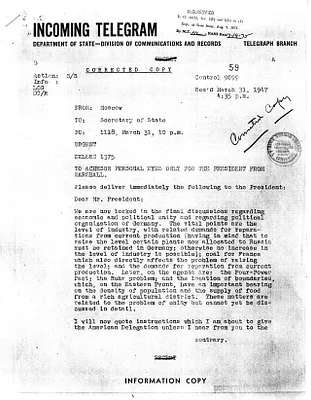 Telegram from Walter Bedell Smith to the Department of State