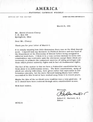 Letter from Robert Hartnett to Daniel F. Clancy