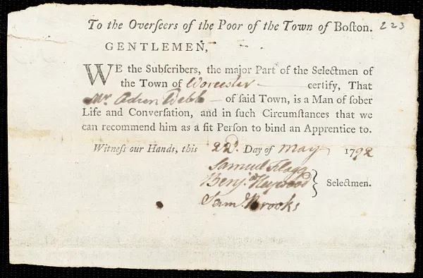 Peter Hunnewell indentured to apprentice with Adren Webb of Worcester, 2 May 1792