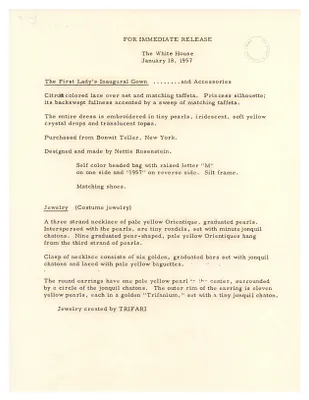 Press Release Describing Mamie Eisenhower's Inaugural Gown and Jewelry