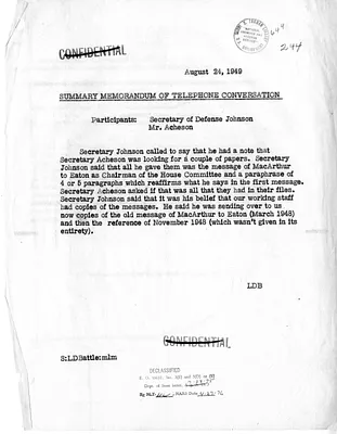 Memorandum of Telephone Conversation with Secretary of State Dean Acheson and Secretary of Defense Louis Johnson