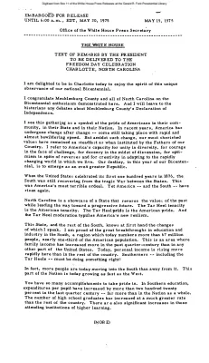 Text of Remarks of the President to be Delivered at Freedom Day Celebration in Charlotte, North Carolina [Ford Speech or Statement]