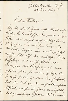 Francke, Kuno, 1855-1930 autograph letter signed to Hugo Münsterberg, Gilbertsville, N.Y., 24 June 1904