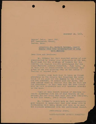 Sacco-Vanzetti Defense Committee typed letter (copy) to Bernard Reisman (Bakers' Union, Local 45) Boston, Mass., December 14, 1923