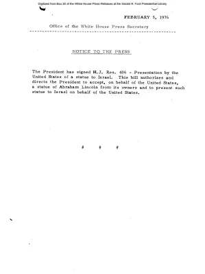 President Signs H.J. Res. 406, Presentation by the United States of a statue to Israel [Signing Statements and Announcements]