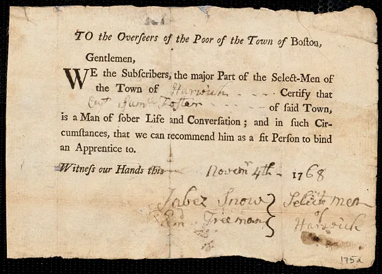 William Warner indentured to apprentice with Samuel Foster of Harwich, 21 March 1769
