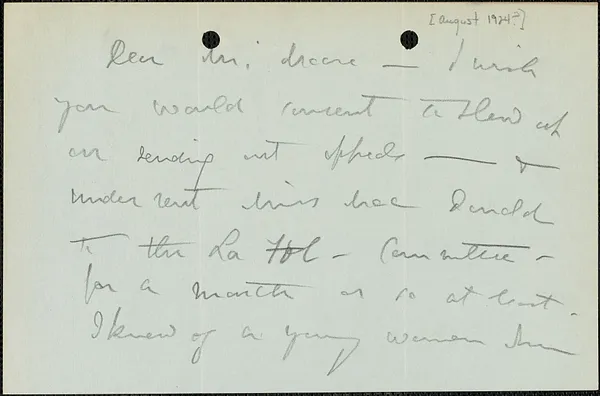E[lizabeth] G[lendower] E[vans] autograph letter signed to [Fred H.] Moore, [Chatham, Mass.?, August 1924?]