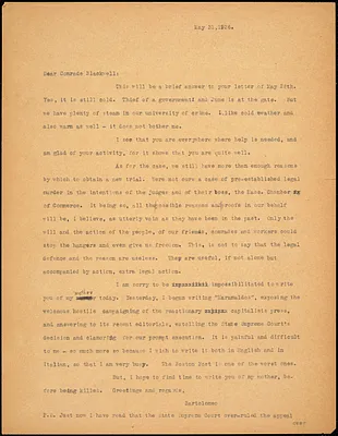 Bartolomeo Vanzetti typed note (copy) to Elizabeth Glendower Evans, [Charlestown], 31 May 1926