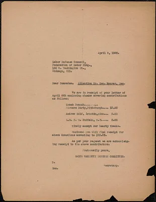Sacco-Vanzetti Defense Committee typed letter (copy) to Labor Defense Council (attention: George Maurer), Boston, Mass., April 8, 1925