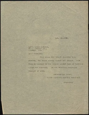 Sacco-Vanzetti Defense Committee typed note (copy) to International Labor Defense, Boston, Mass., October 29, 1926