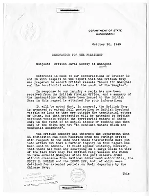 Memorandum from Secretary of State Dean Acheson to President Harry S. Truman, with Attachment