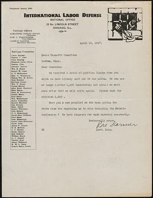 Rose Karsner (International Labor Defense) typed letter signed to Sacco-Vanzetti Defense Committee, Chicago, Ill., April 19, 1927