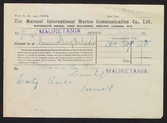 Telegram from Theodore Roosevelt to Commander Robert E. Peary