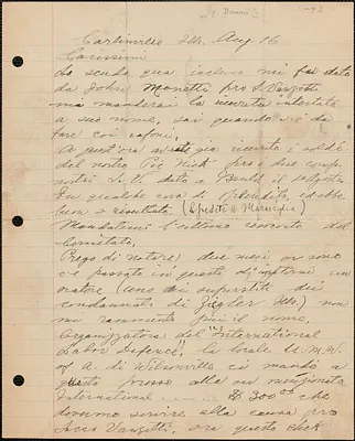 Bruno [Fana?] autograph letter signed, in Italian, to [Sacco-Vanzetti Defense Committee], Carlinville, Ill., August 16, [1927?]