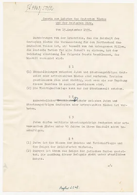 Gesetz zum Schutze des deutshen Blutes und der deutschen Ehre [Blood Laws (original copy)]