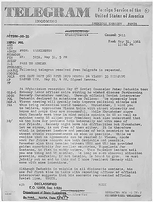 Telegram from Secretary of State Dean Rusk to Assistant Secretary of State Foy Kohler in Paris, France, 31 May 1961