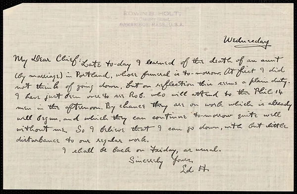 Holt, Edwin B. (Edwin Bissell), 1873-1946 autograph letter signed to Hugo Münsterberg, Cambridge, Mass.