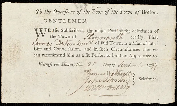 John Holden indentured to apprentice with James Daten, Jr. of Plymouth, 26 October 1797