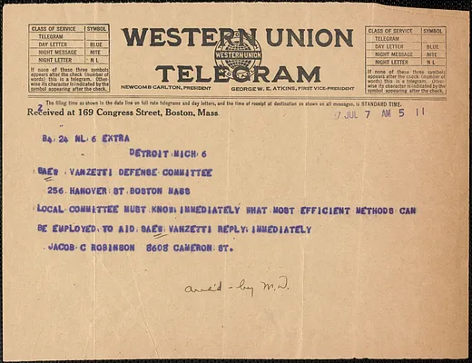 Jacob C. Robinson telegram to Sacco-Vanzetti Defense Committee, Detroit, Mich., July 7, 1927