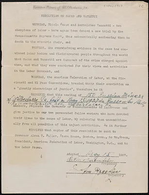 Peter Bervodsky (Russian Miners of Wilkes-Barre, Pa.) typed resolution to Alvan T. Fuller, et al, Wilkes-Barre, Pa., May 15, 1927