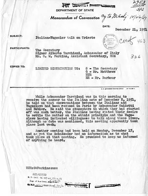 Memorandum of Conversation with Secretary of State Dean Acheson, Ambassador of Italy Alberto Tarchiani, and George W. Perkins