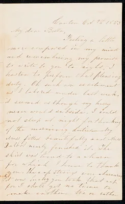Incomplete letter to 'Bella, October 9, 1853, from Canton [no signature]