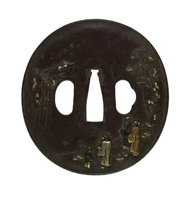 Tsuba with Chinese Gentlemen Viewing a Waterfall