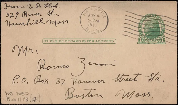 Bianchi autograph postcard signed, in Italian, to Romeo Zenoni, Haverhill, Mass., November 4, 192[7?]