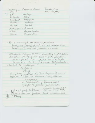 Jack Valenti's Handwritten Notes Taken during a Meeting between President Lyndon B. Johnson, Congressional Leaders, and the Attorney General