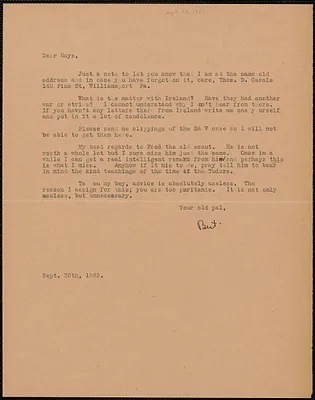 Albert Carpenter typed letter signed to Hays Jones, Williamsport, Pa., September 30, 1923