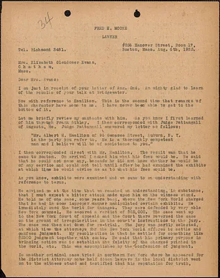 Fred H. Moore typed letter (copy) to Elizabeth Glendower Evans, Boston, Mass., August 6, 1923