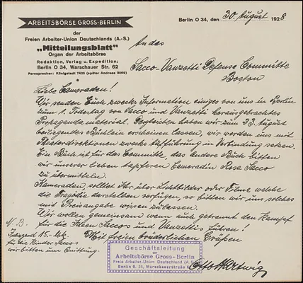 Otto Hartwig (Freie Arbeiter-Union Deutschlande) autograph letter signed, in German, to Sacco-Vanzetti Defense Committee, Berlin, Germany, August 30, 1928