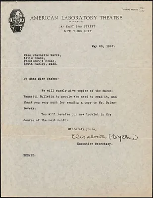 Elisabeth Bigelow (American Laboratory Theatre) typed letter signed to Jeannette Marks, New York, N. Y., May 25, 1927