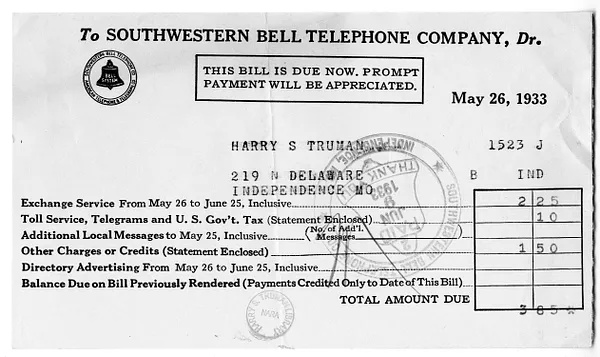 Bill from Southwestern Bell Telephone Company to Harry S. Truman