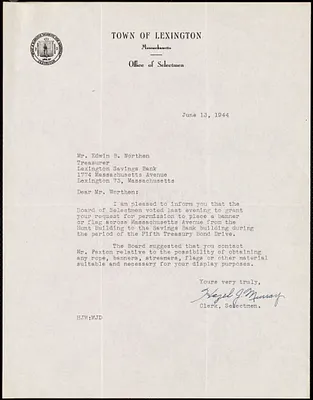 Letter from Hazel J. Murray, on behalf of the Selectmen, to Edwin B. Worthen, June 13, 1944