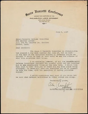Ada Rosenfelt (Sacco Vanzetti Conference) typed letter signed to Sacco-Vanzetti Defense Committee, Philadelphia, Pa., June 8, 1927