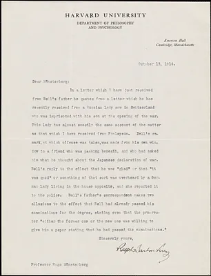 Perry, Ralph Barton, 1876-1957 typed letter signed to Hugo Münsterberg, Cambridge, Mass., 13 October 1914
