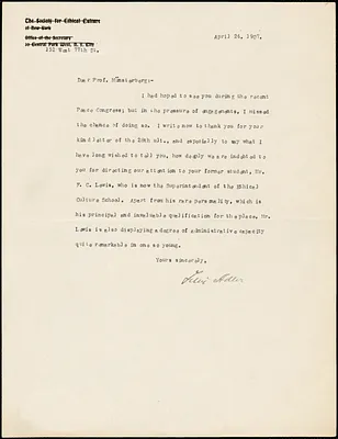 Adler, Felix, 1851-1933 typed letter signed to Hugo Münsterberg, New York, 24 April 1907