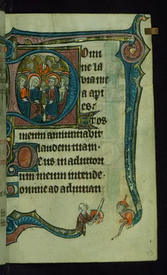 Leaf from Book of Hours: Matins, Initial ""D"" with Pentecost and Marginal Drollery of a Man Battling an Ape