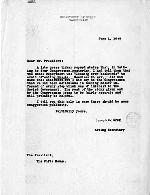 Memorandum from Acting Secretary of State Joseph Grew to President Harry S. Truman