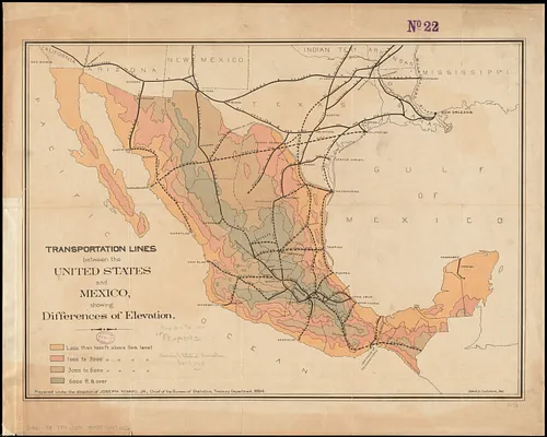 Transportation lines between the United States and Mexico, showing differences of elevation