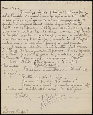 Raffaele Schiavina autograph letter signed, in Italian, to Joseph Moro, [Paris, France?, August 9?, 1927]