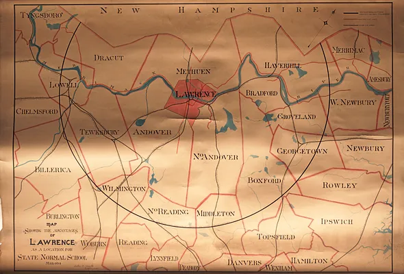 Map showing the advantages of Lawrence as a location for State Normal School
