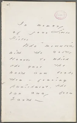 Emily Dickinson, Amherst, Mass., autograph note to Margaret Higginson, Spring 1884
