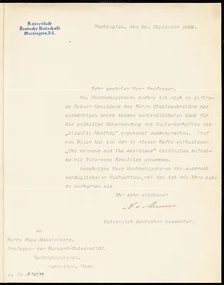 Mumm von Schwarzenstein, Alfons, Freiherr, 1859-192-? typed letter signed to Hugo Münsterberg, Washington, 25 September 1899