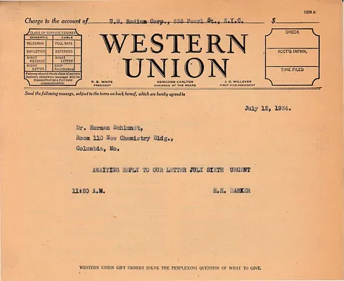 Telegram to Dr. Herman Schlundt, July 12, 1934