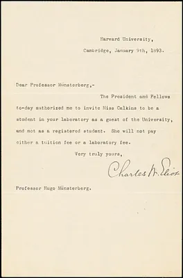 Eliot, Charles William, 1834-1926 typed letter signed to Hugo Münsterberg, Cambridge, Mass., 9 January 1893