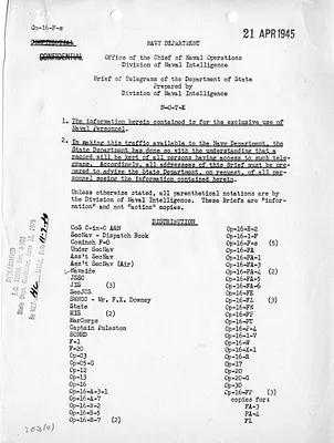 Brief of Telegrams of the Department of State, Prepared by Division of Naval Intelligence