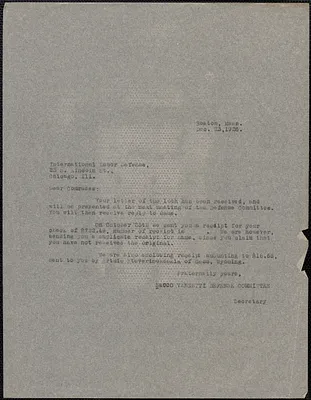 Sacco-Vanzetti Defense Committee typed letter (copy) to International Labor Defense Office, Boston, Mass., December 23, 1926