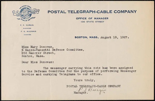 P. S. Durgin (Postal Telegraph-Cable Company) typed letter to Mary Donovan, Boston, Mass., August 19, 1927